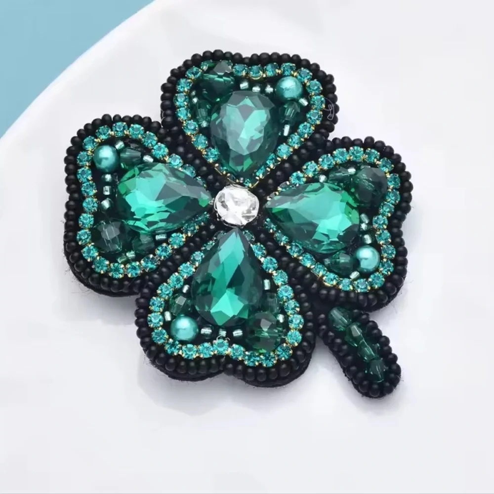 Green Clover Leaf Crystal Luck Brooch